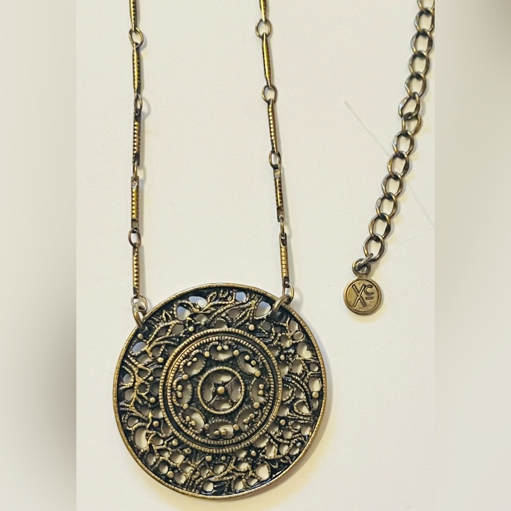 Vintage Xiomara Castro Distressed Brass Pendant Necklace 16”
